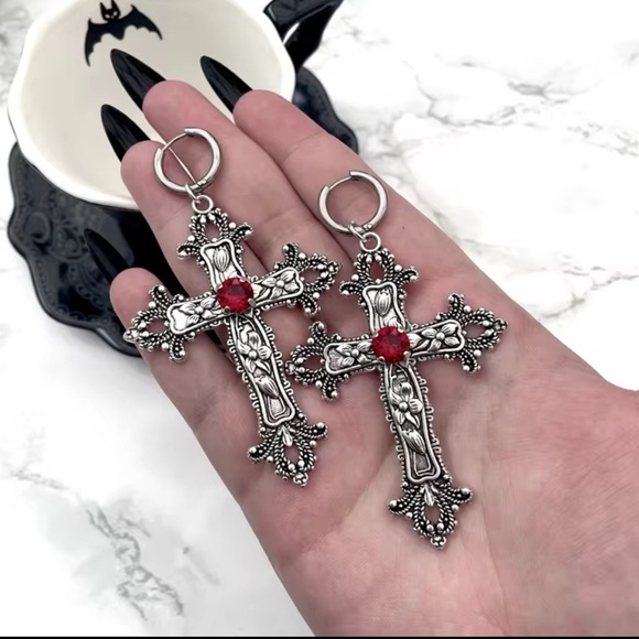 Anthropologie Jewelry - Halloween gothic Silver color Cross Earrings with Red Gem
